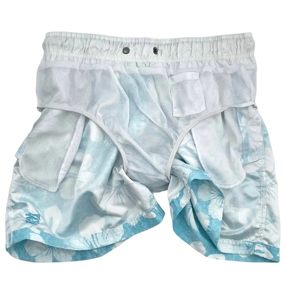 IslandHaze Surf Swim Trunks Light Blue & White Floral Print Short Length | XL